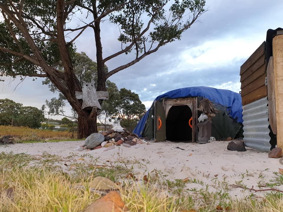 The SOTEMS sweat lodge near Adelaide, beside a gum tree
